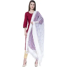 A R Silk Women's Mirror Work Orgenza Cotton White Dupattas and Chunnis