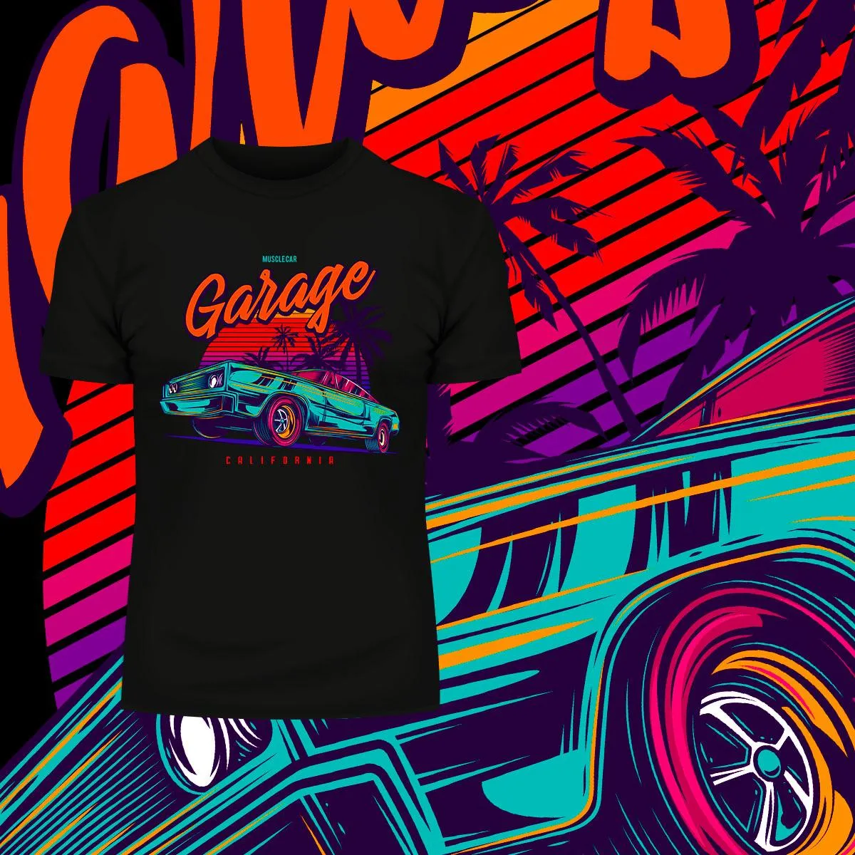 An American muscle car in retro neon style - Garage California