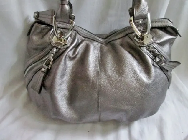 B. MAKOWSKY Pebbled Leather TOTE Hobo Carryall Satchel Shoulder bag SILVER METALLIC