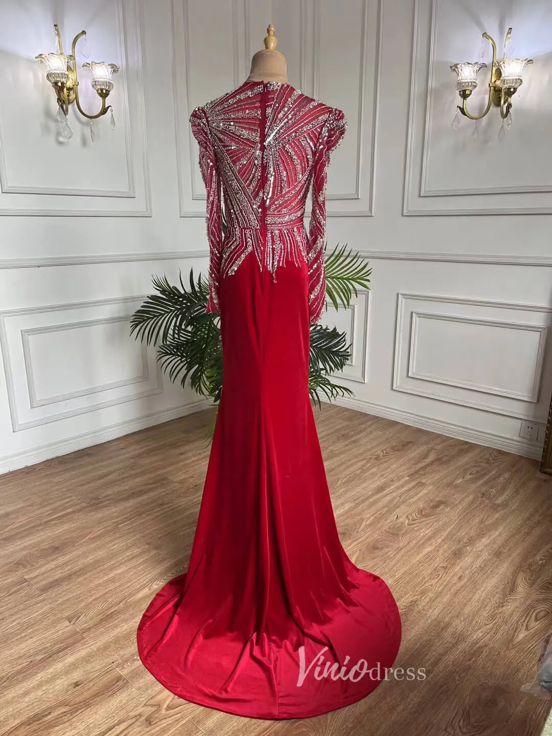 Beaded Red Prom Dresses Sheath Long Sleeve Evening Dress 20072