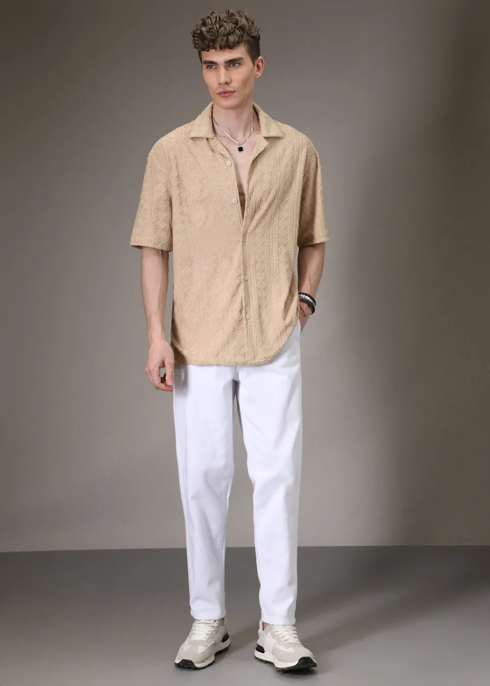 Beige Jacquard Towelling Camp Shirt