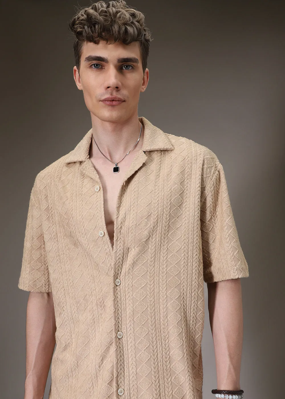 Beige Jacquard Towelling Camp Shirt