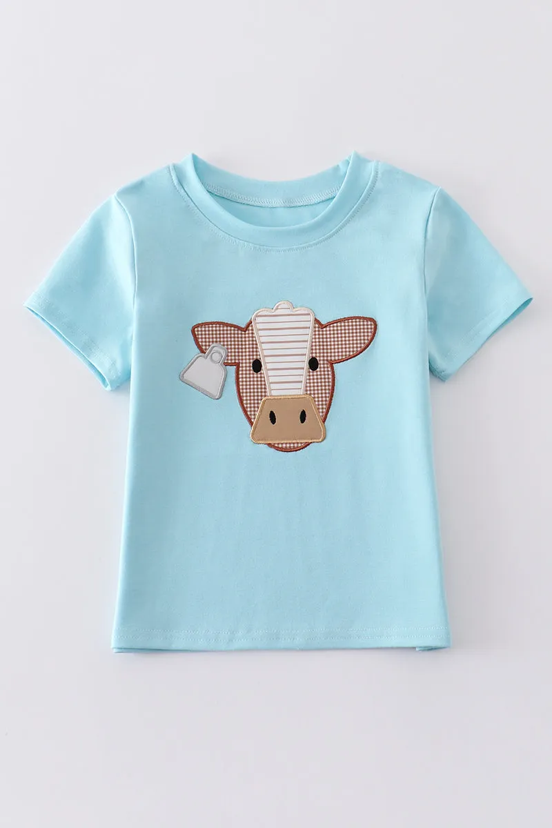 Blue cow applique boy top