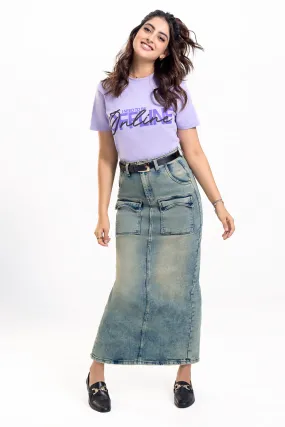 Blue Utility Pocket Denim Midi Skirt