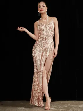 Champagne Gold Luxury Sequin Tassels Mermaid Prom Dress With Leg Slit