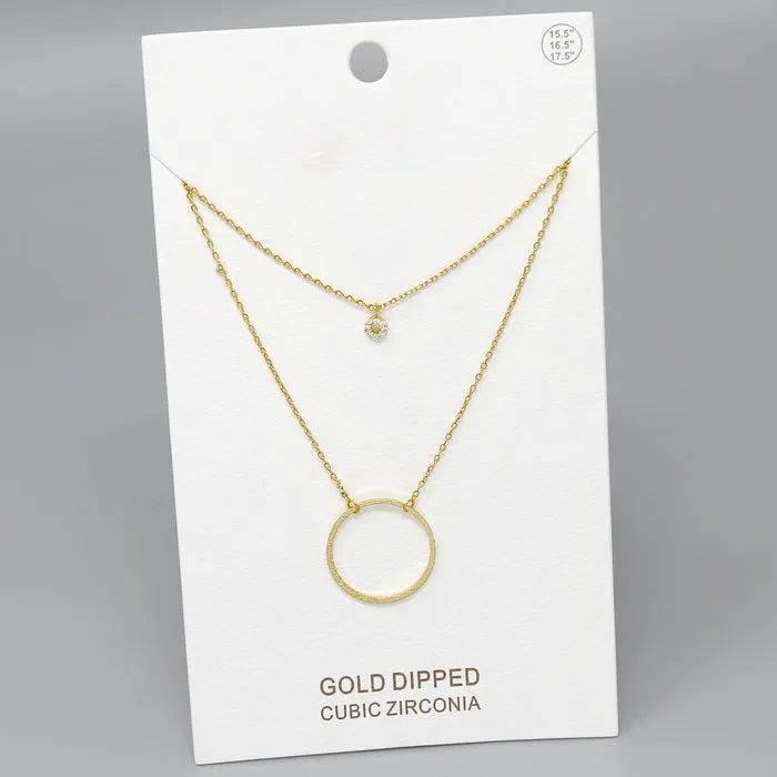 Circle Pendant Gold Dipped Layered Chain Necklace