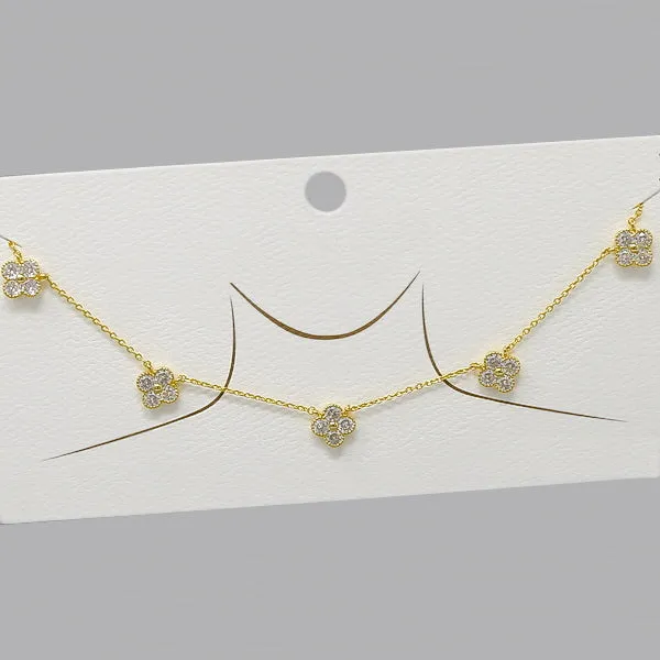 Clover CZ Pave Pendant Station Gold Dipped Necklace