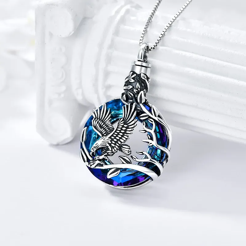 Cremation Jewelry Sterling Silver Eagle Urn Necklace for Ashes with Blue Circle Crystal Memorial Keepsake w/Funnel Filler Memorial Jewelry