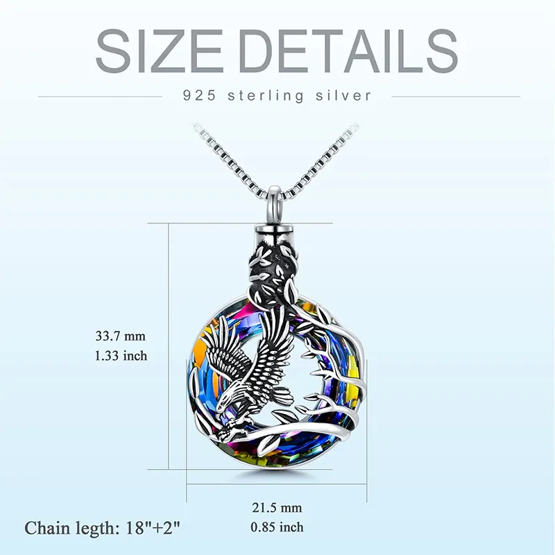 Cremation Jewelry Sterling Silver Eagle Urn Necklace for Ashes with Blue Circle Crystal Memorial Keepsake w/Funnel Filler Memorial Jewelry