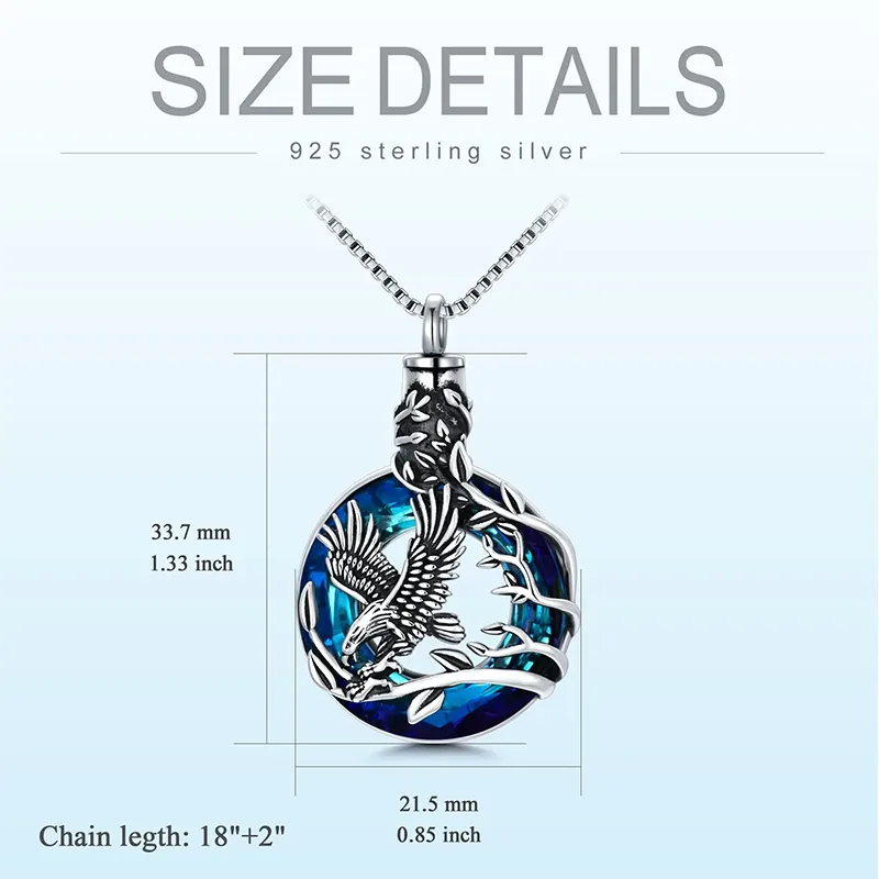 Cremation Jewelry Sterling Silver Eagle Urn Necklace for Ashes with Blue Circle Crystal Memorial Keepsake w/Funnel Filler Memorial Jewelry