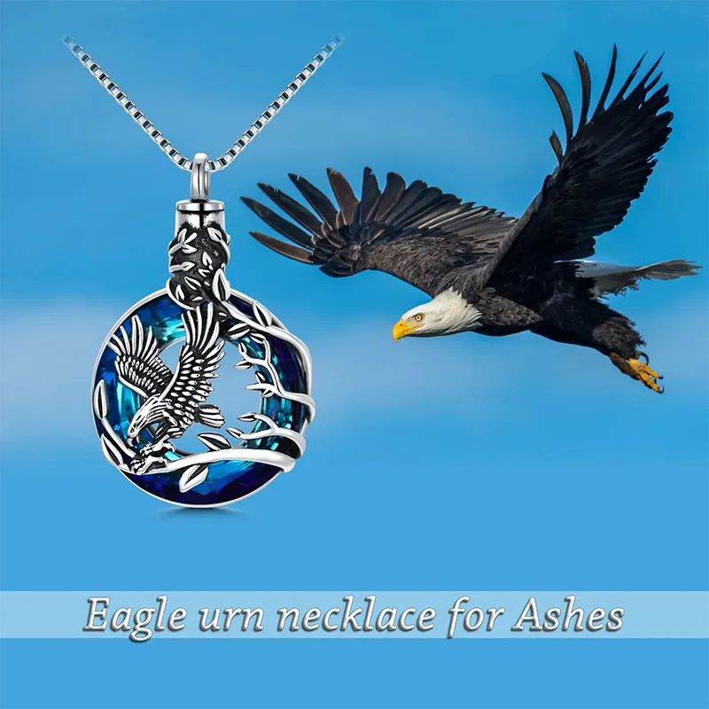 Cremation Jewelry Sterling Silver Eagle Urn Necklace for Ashes with Blue Circle Crystal Memorial Keepsake w/Funnel Filler Memorial Jewelry