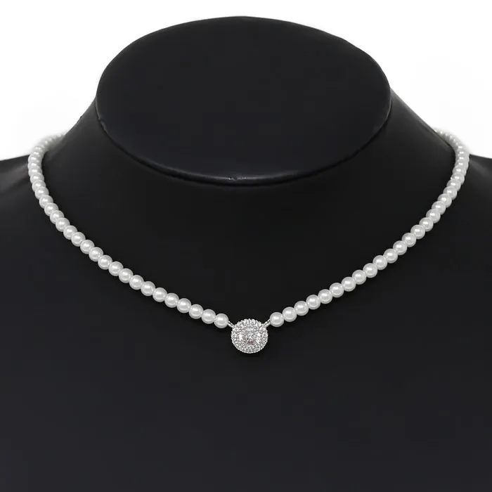 CZ Pave Halo Pendant Pearl Beaded Short Necklace