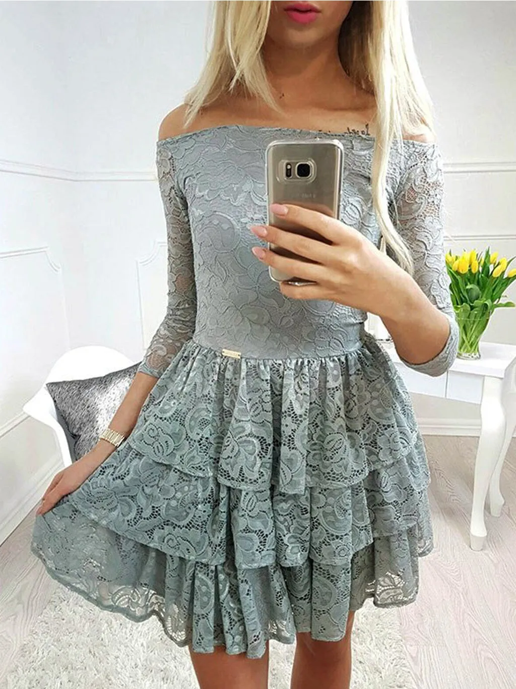 Dusty Green Off Shoulder Lace Tiered With Sleeve Homecoming Dresses,BD0174