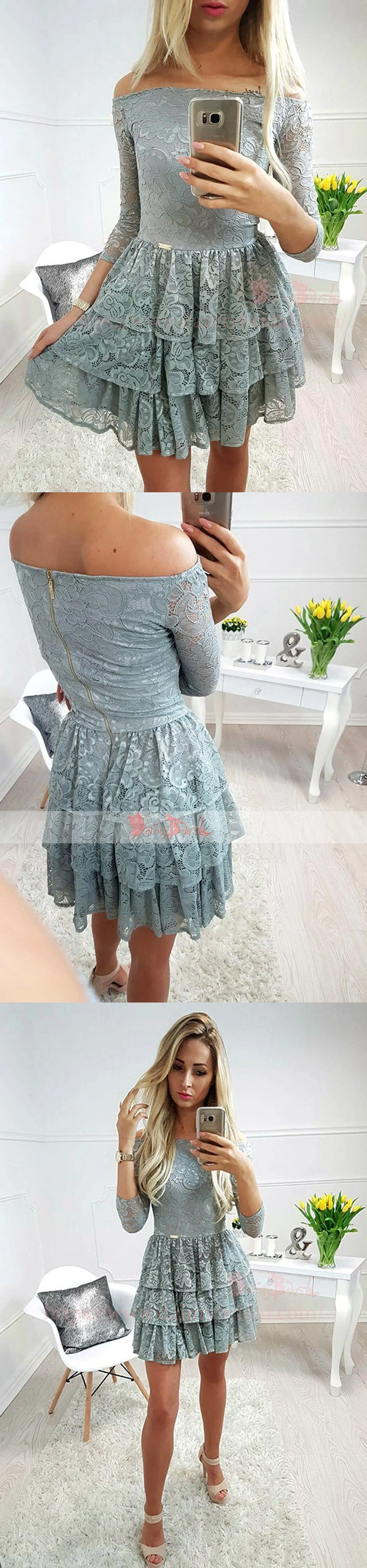 Dusty Green Off Shoulder Lace Tiered With Sleeve Homecoming Dresses,BD0174