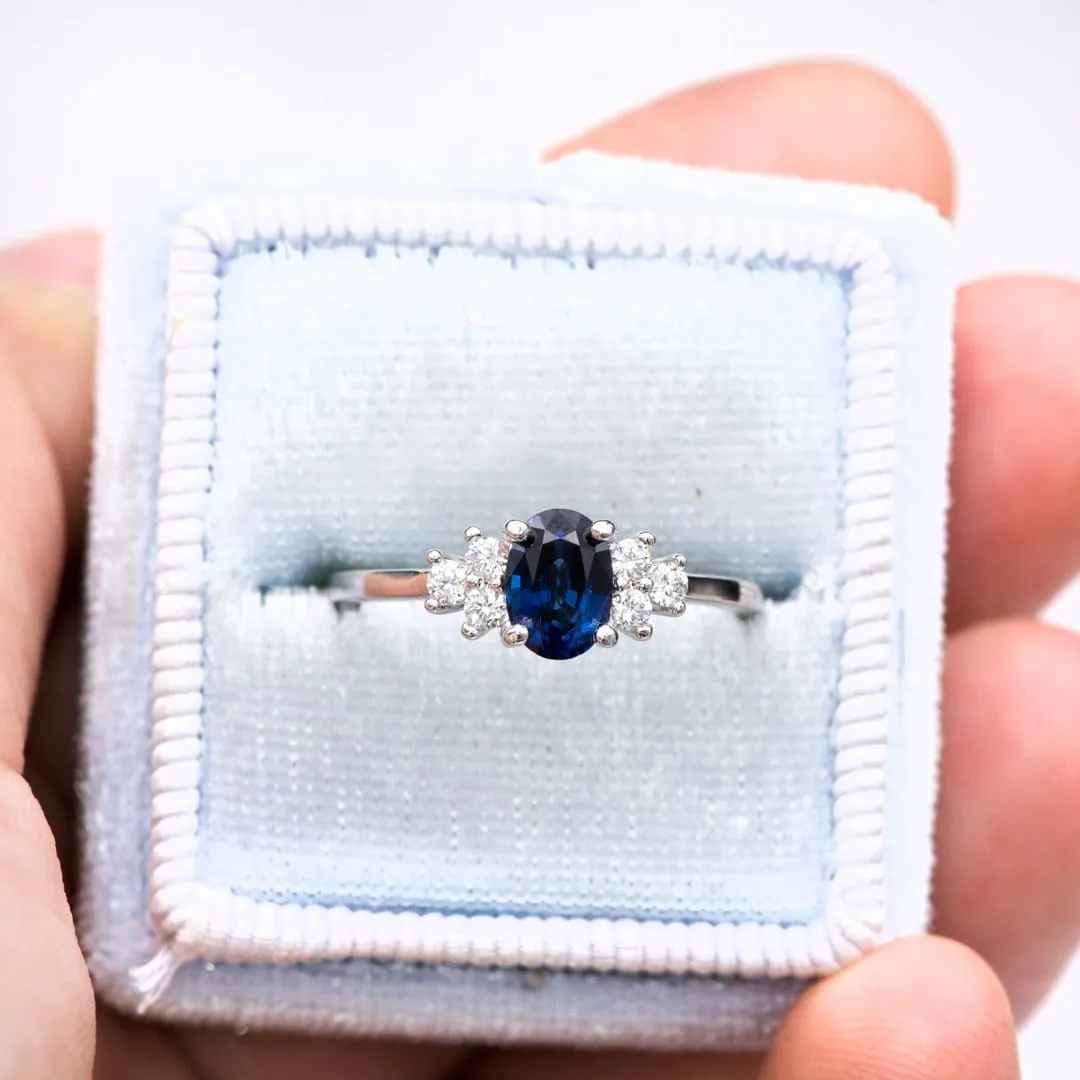 Ellie Ring- Oval Blue Sapphire Prong Set Accented Engagement Ring