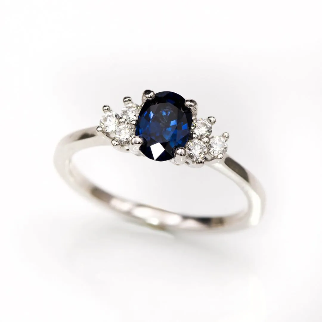 Ellie Ring- Oval Blue Sapphire Prong Set Accented Engagement Ring