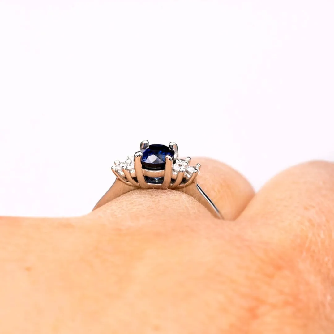 Ellie Ring- Oval Blue Sapphire Prong Set Accented Engagement Ring