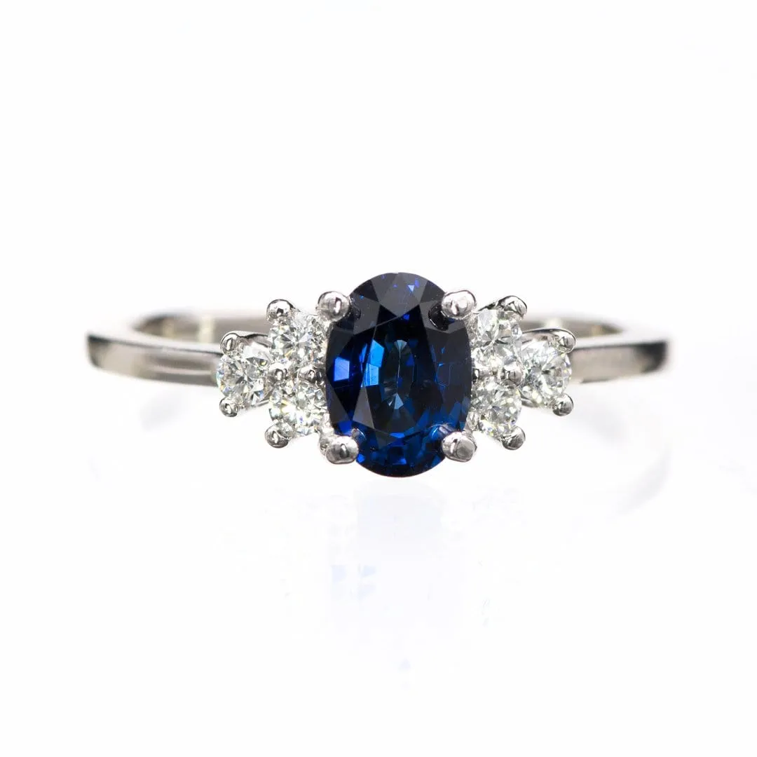 Ellie Ring- Oval Blue Sapphire Prong Set Accented Engagement Ring