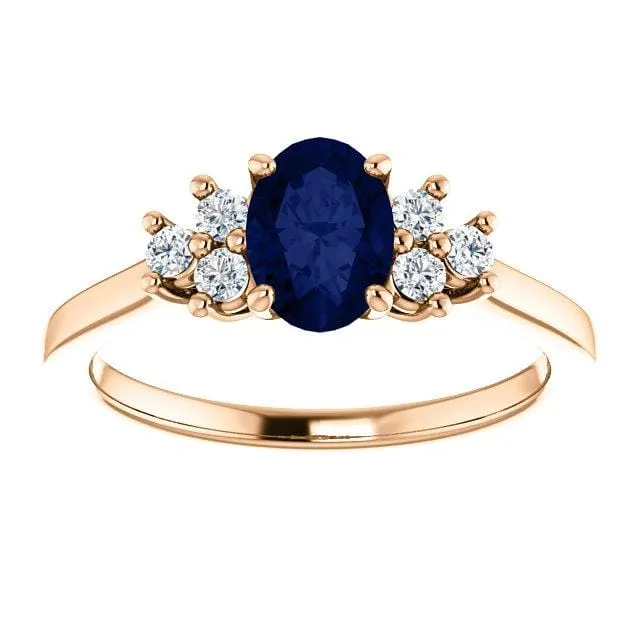 Ellie Ring- Oval Blue Sapphire Prong Set Accented Engagement Ring