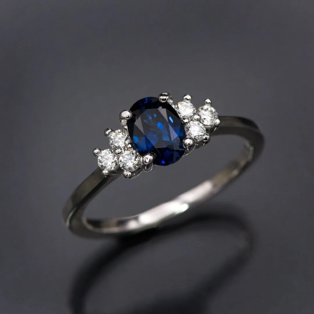 Ellie Ring- Oval Blue Sapphire Prong Set Accented Engagement Ring