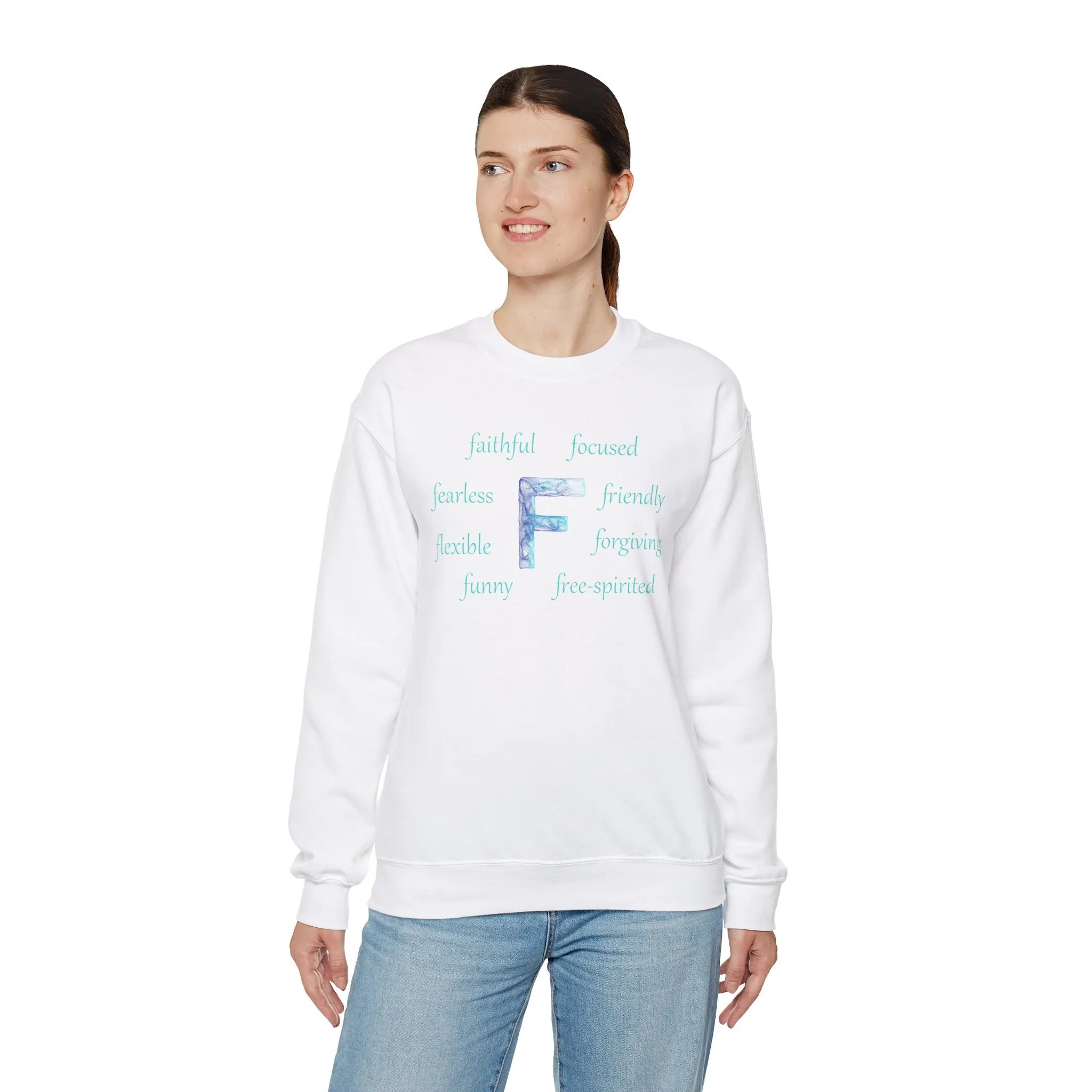 F Alphabet Sweatshirt, Alphabet Initial "F" Unisex Heavy Blend™ Optimistic, Mental Health, Motivational Crewneck Sweatshirt, Self-affirming Sweatshirt