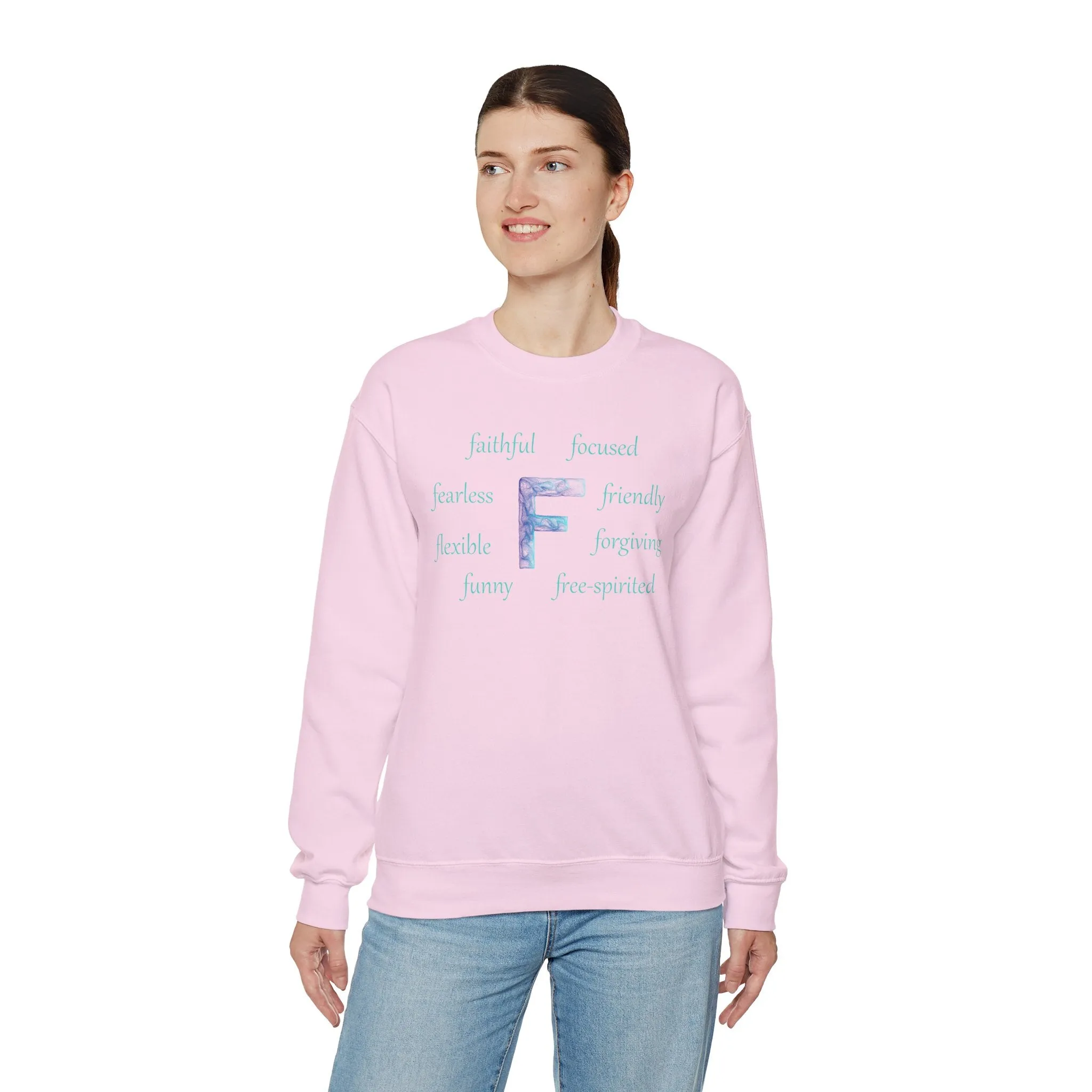 F Alphabet Sweatshirt, Alphabet Initial "F" Unisex Heavy Blend™ Optimistic, Mental Health, Motivational Crewneck Sweatshirt, Self-affirming Sweatshirt