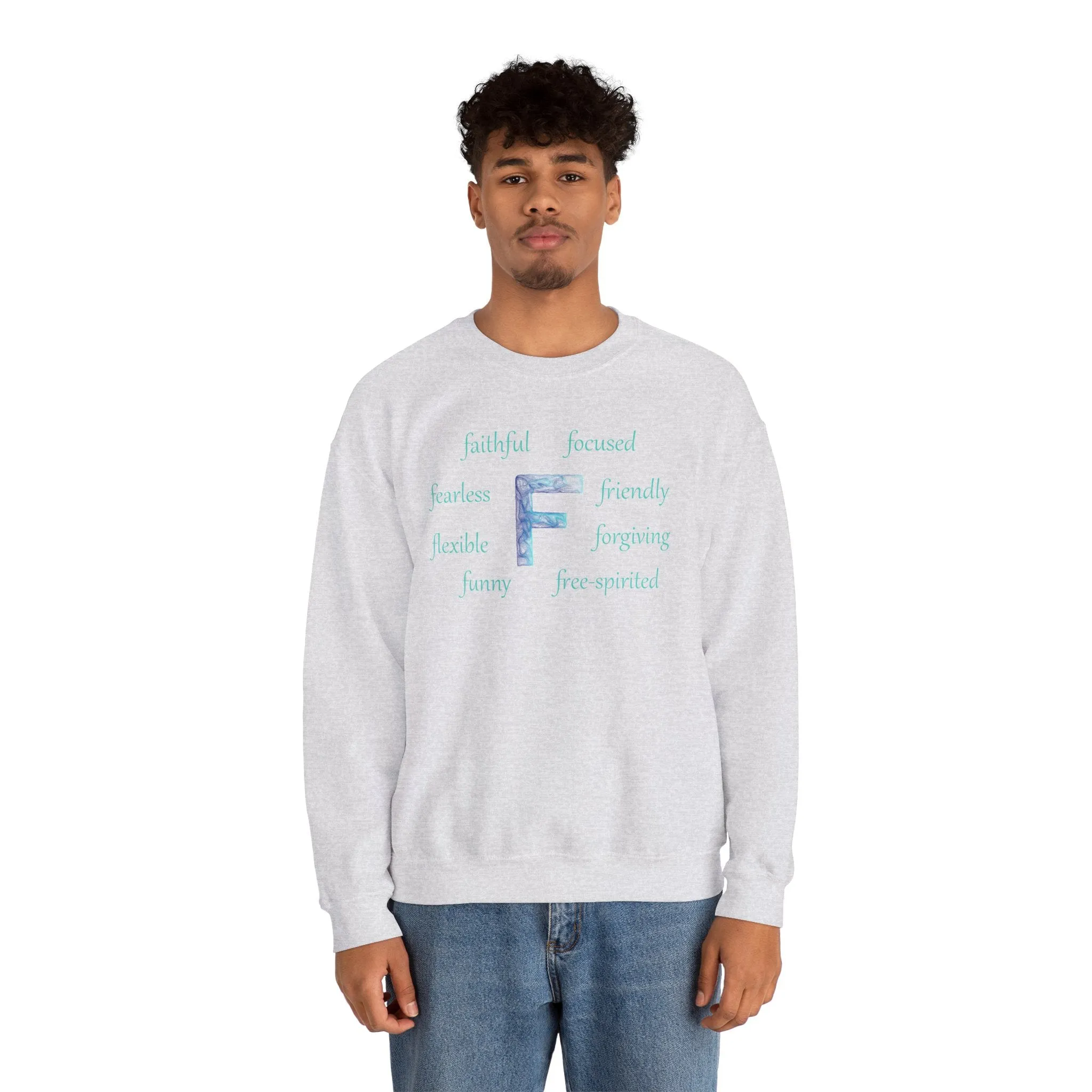 F Alphabet Sweatshirt, Alphabet Initial "F" Unisex Heavy Blend™ Optimistic, Mental Health, Motivational Crewneck Sweatshirt, Self-affirming Sweatshirt