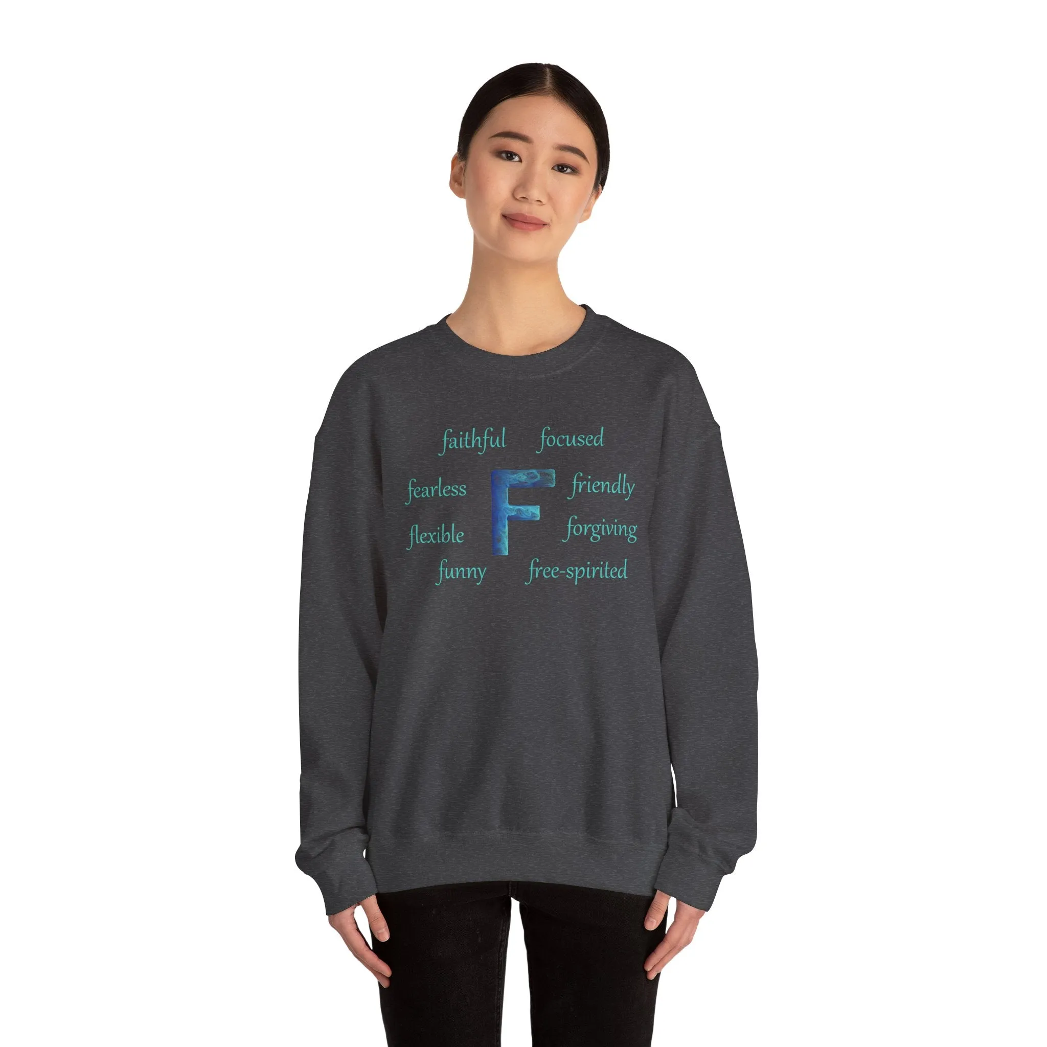 F Alphabet Sweatshirt, Alphabet Initial "F" Unisex Heavy Blend™ Optimistic, Mental Health, Motivational Crewneck Sweatshirt, Self-affirming Sweatshirt