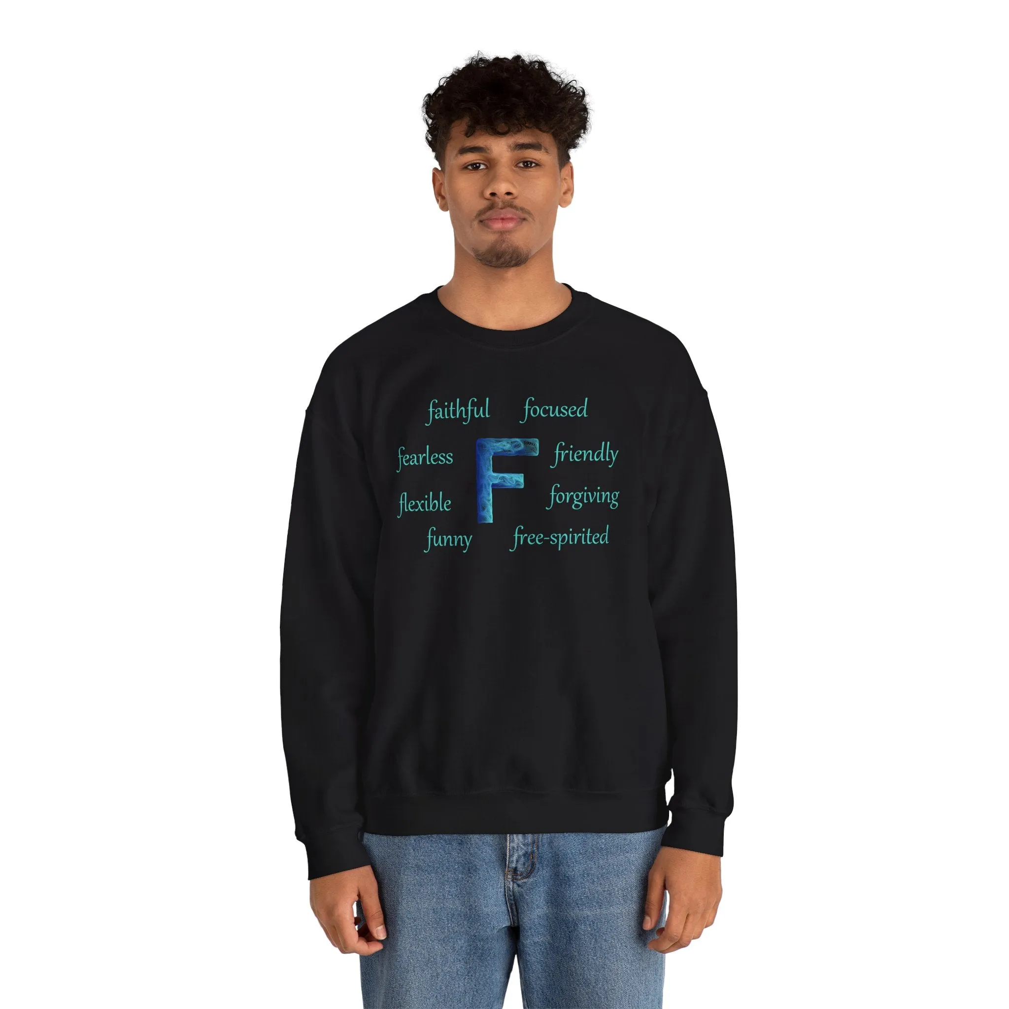 F Alphabet Sweatshirt, Alphabet Initial "F" Unisex Heavy Blend™ Optimistic, Mental Health, Motivational Crewneck Sweatshirt, Self-affirming Sweatshirt