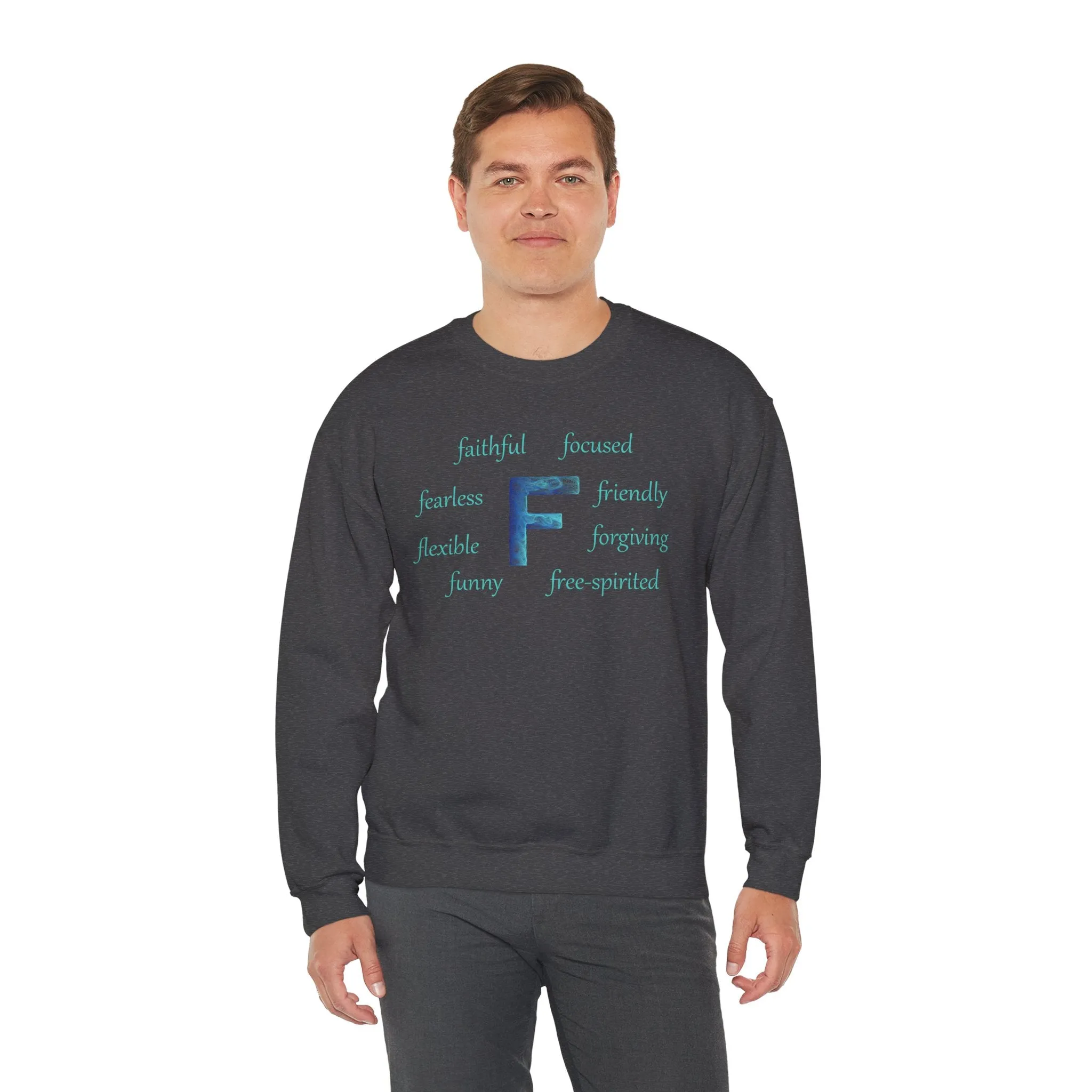 F Alphabet Sweatshirt, Alphabet Initial "F" Unisex Heavy Blend™ Optimistic, Mental Health, Motivational Crewneck Sweatshirt, Self-affirming Sweatshirt