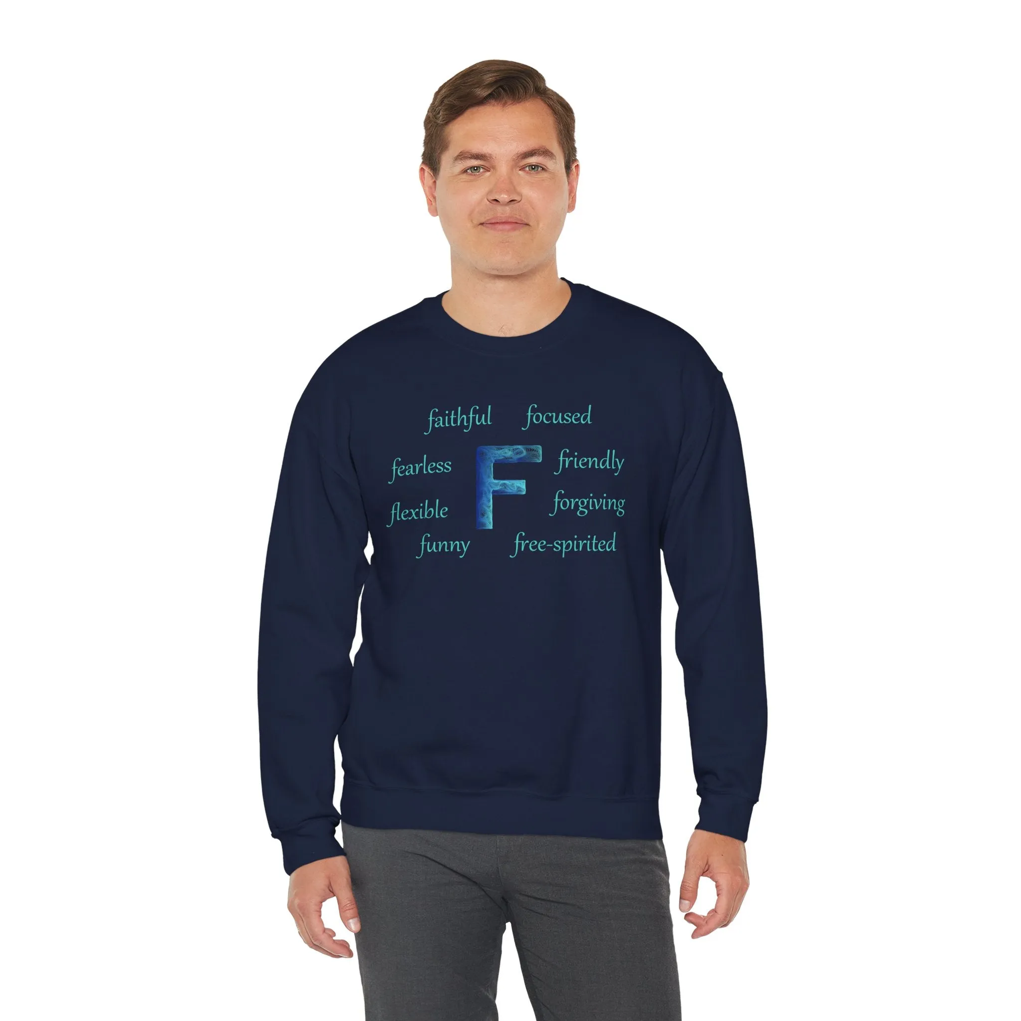 F Alphabet Sweatshirt, Alphabet Initial "F" Unisex Heavy Blend™ Optimistic, Mental Health, Motivational Crewneck Sweatshirt, Self-affirming Sweatshirt