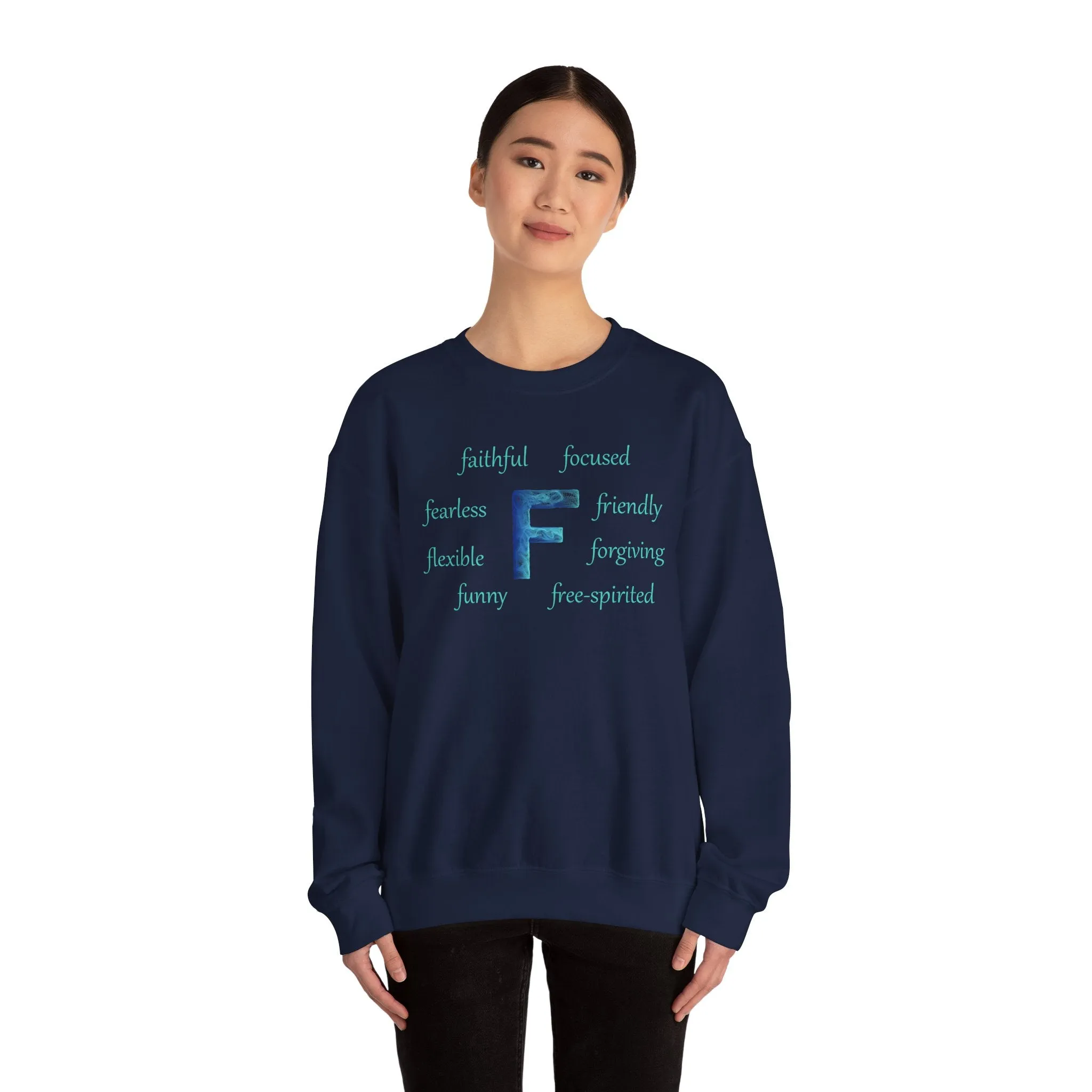 F Alphabet Sweatshirt, Alphabet Initial "F" Unisex Heavy Blend™ Optimistic, Mental Health, Motivational Crewneck Sweatshirt, Self-affirming Sweatshirt