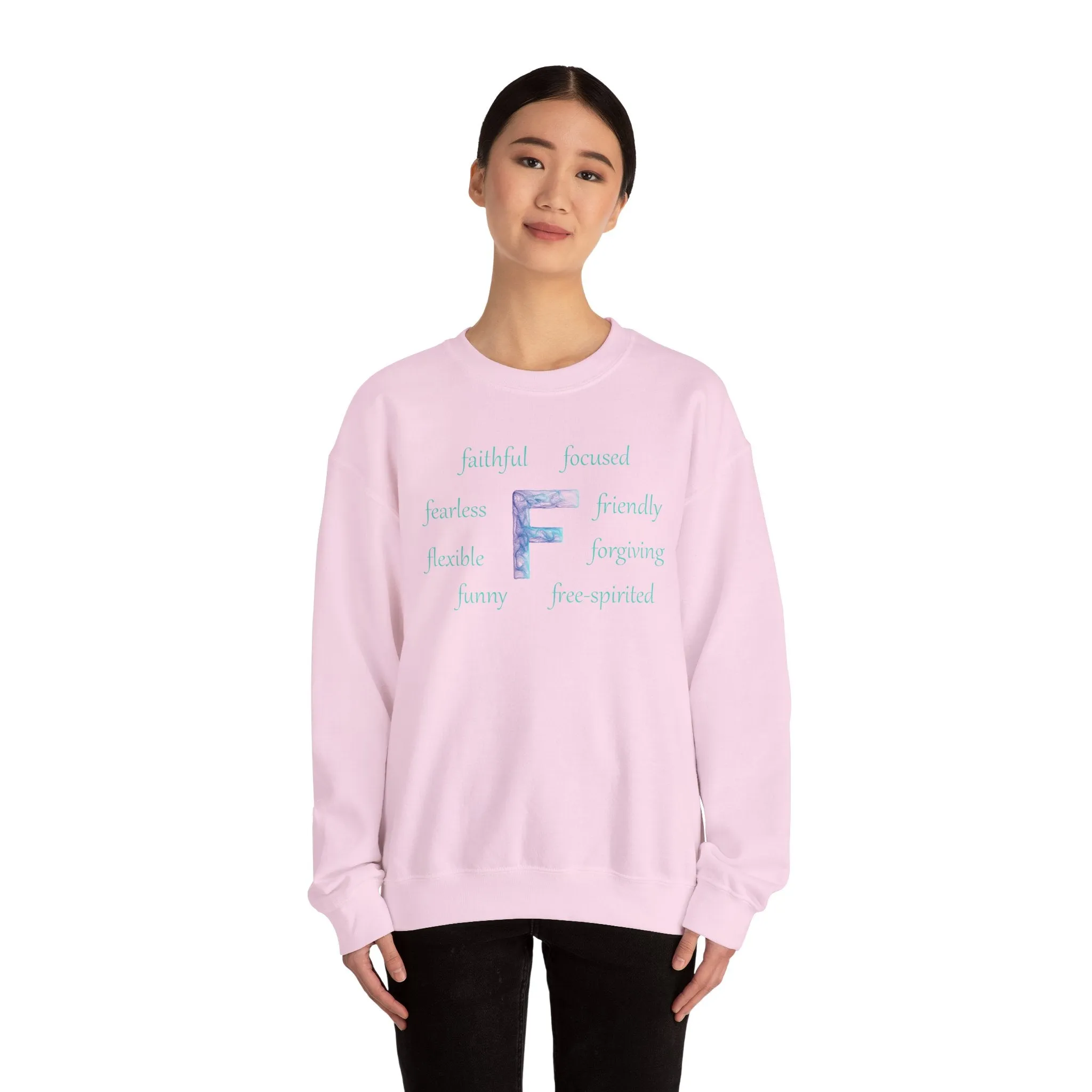 F Alphabet Sweatshirt, Alphabet Initial "F" Unisex Heavy Blend™ Optimistic, Mental Health, Motivational Crewneck Sweatshirt, Self-affirming Sweatshirt