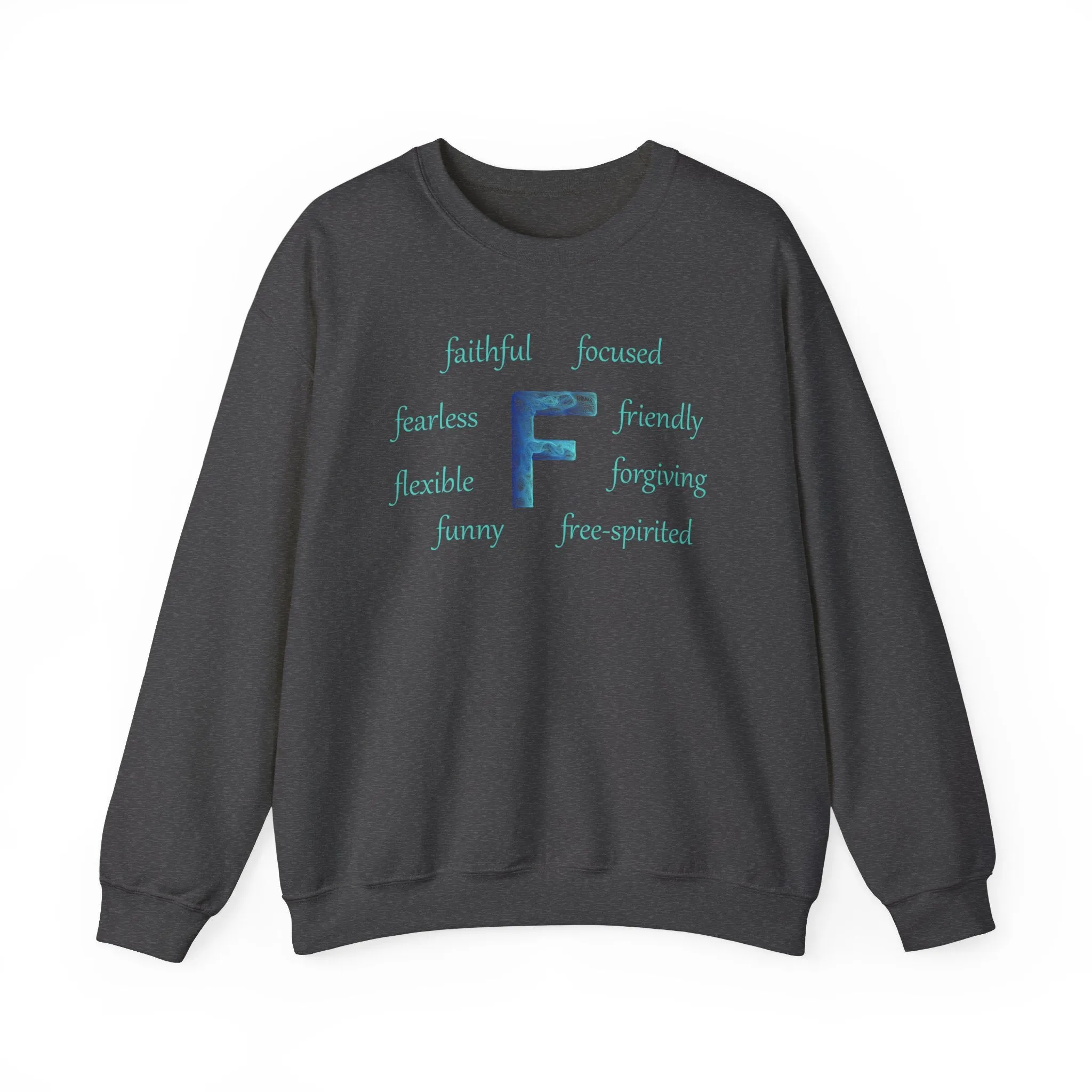 F Alphabet Sweatshirt, Alphabet Initial "F" Unisex Heavy Blend™ Optimistic, Mental Health, Motivational Crewneck Sweatshirt, Self-affirming Sweatshirt