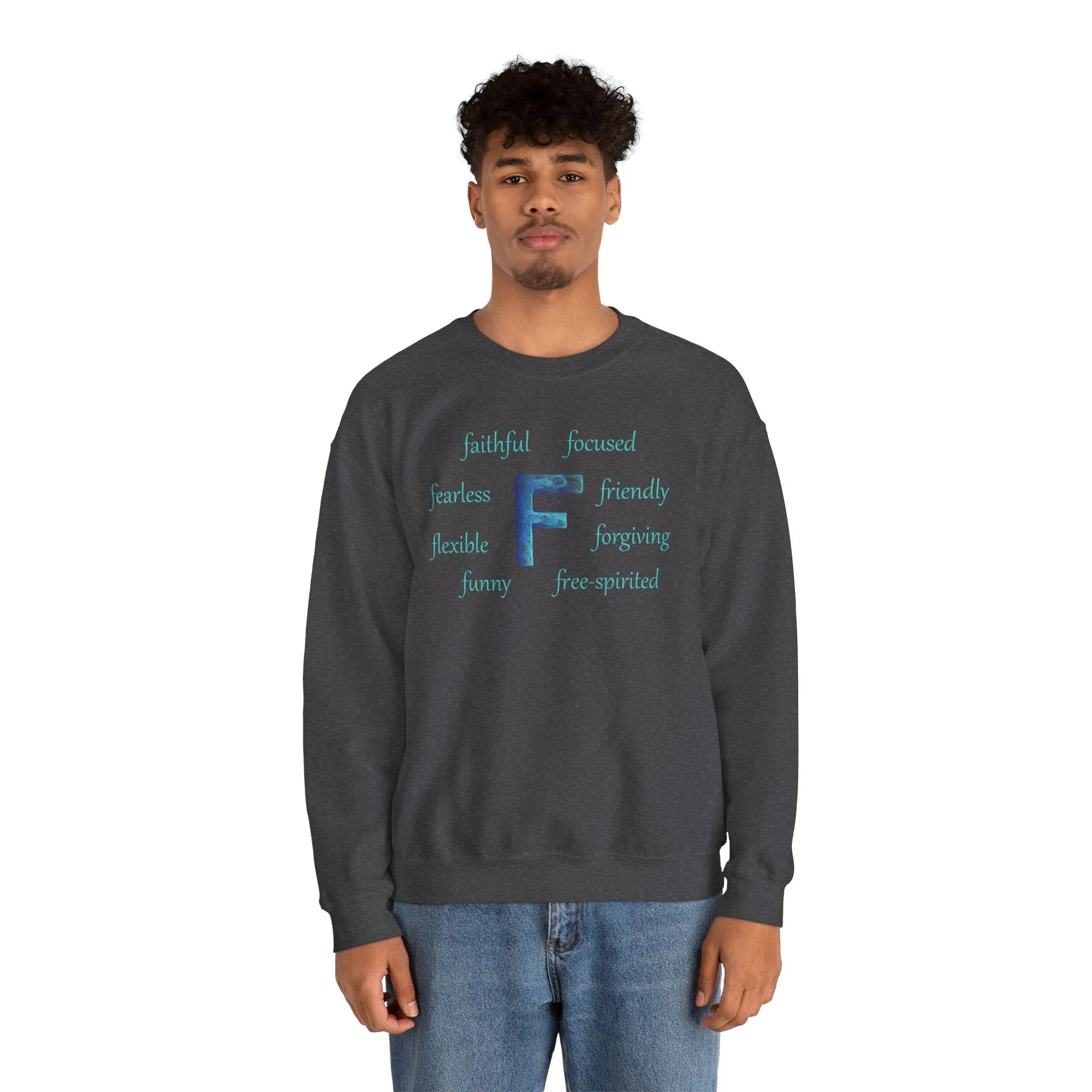 F Alphabet Sweatshirt, Alphabet Initial "F" Unisex Heavy Blend™ Optimistic, Mental Health, Motivational Crewneck Sweatshirt, Self-affirming Sweatshirt