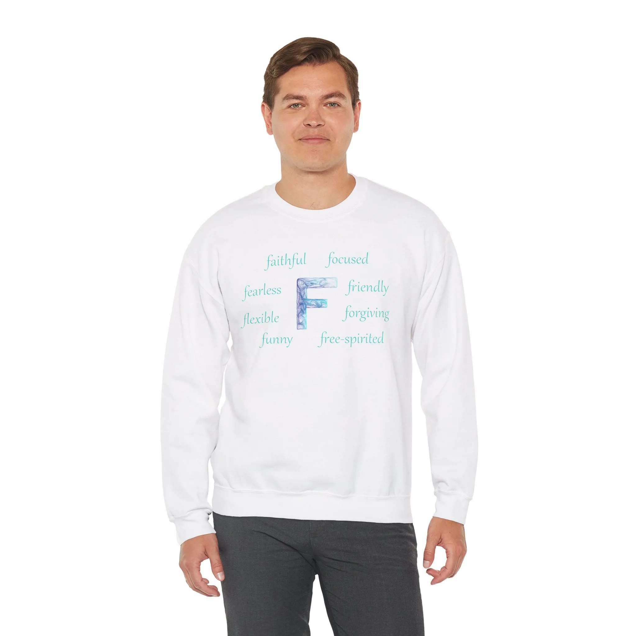 F Alphabet Sweatshirt, Alphabet Initial "F" Unisex Heavy Blend™ Optimistic, Mental Health, Motivational Crewneck Sweatshirt, Self-affirming Sweatshirt