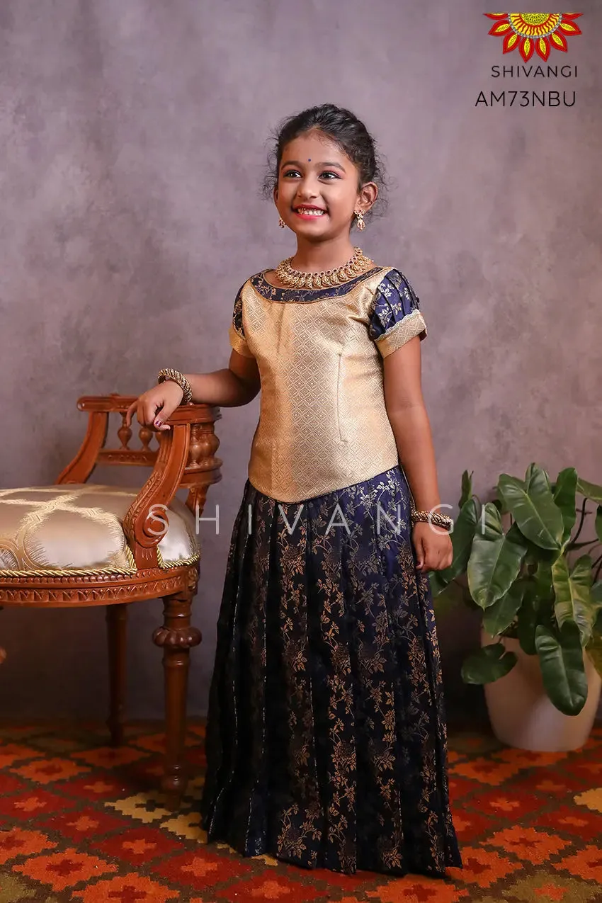 Girls Navy blue Golden Rose Bunch Pattu Pavadai