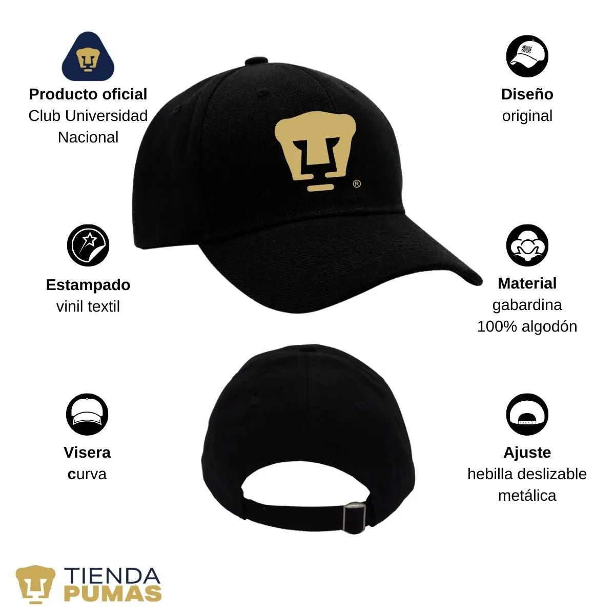 Gorra Ajustable Unisex Pumas UNAM Logo Dorado Vinil