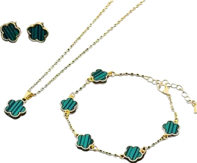 Green /gold 3 Piece Clover Bracelet/necklace/earrings Set One Size