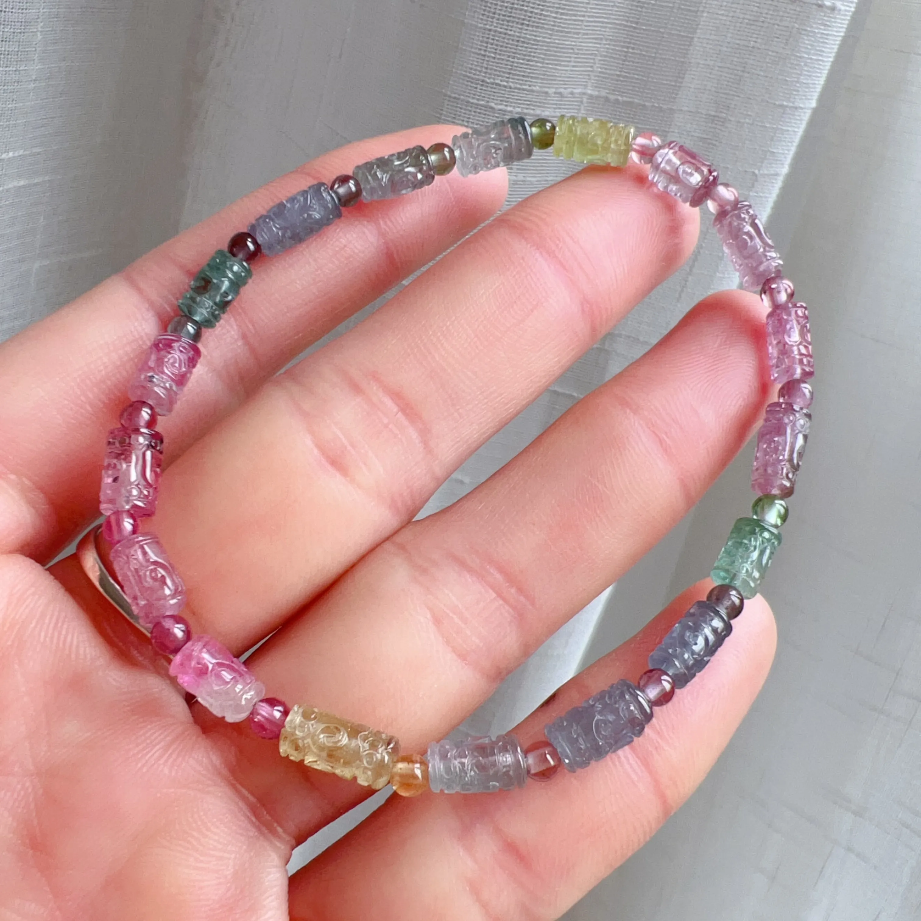 Hand-carved Huiwen Symbol High-grade Icecream Macaron Tourmaline Bracelet | Natural Heart Chakra Healing Crystal