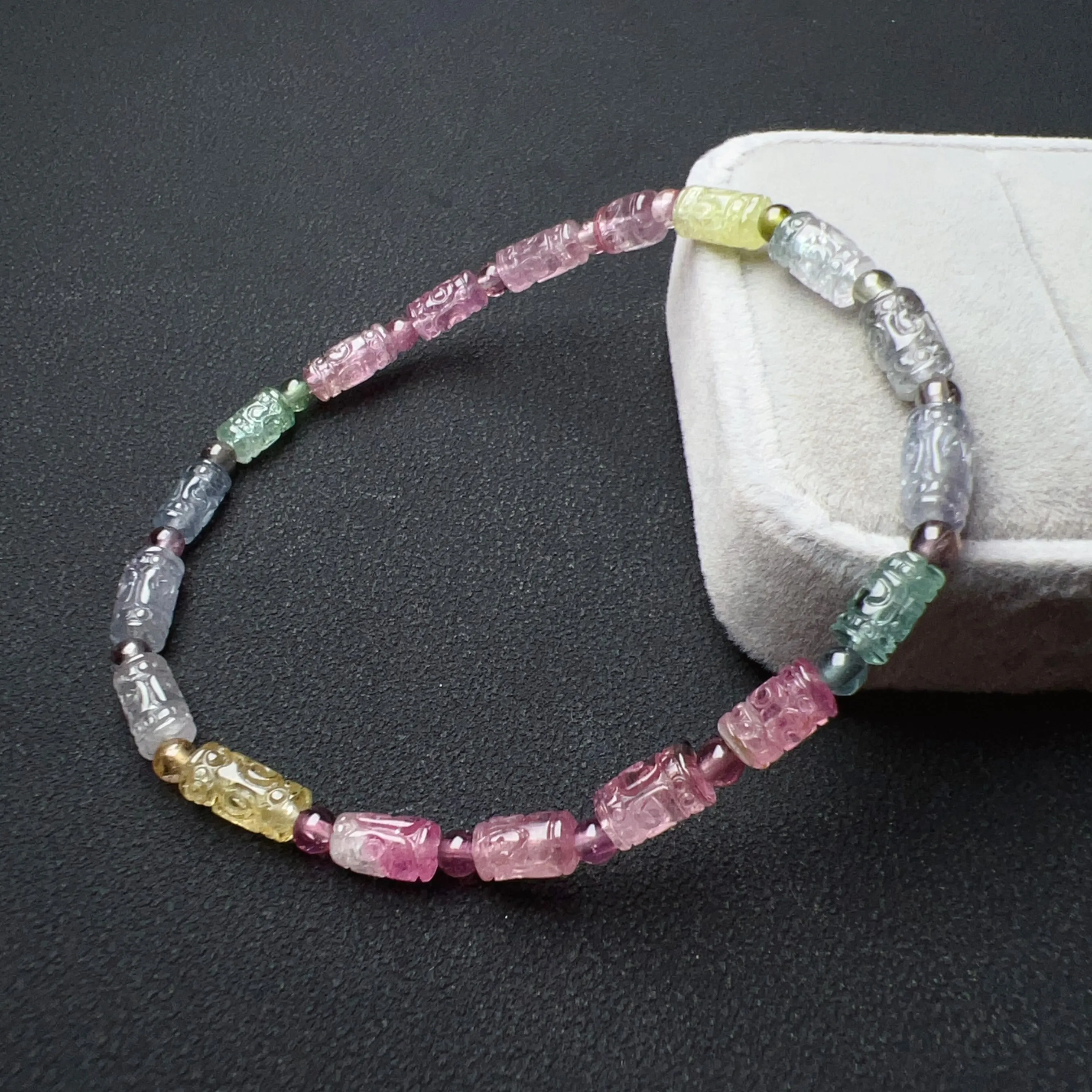 Hand-carved Huiwen Symbol High-grade Icecream Macaron Tourmaline Bracelet | Natural Heart Chakra Healing Crystal