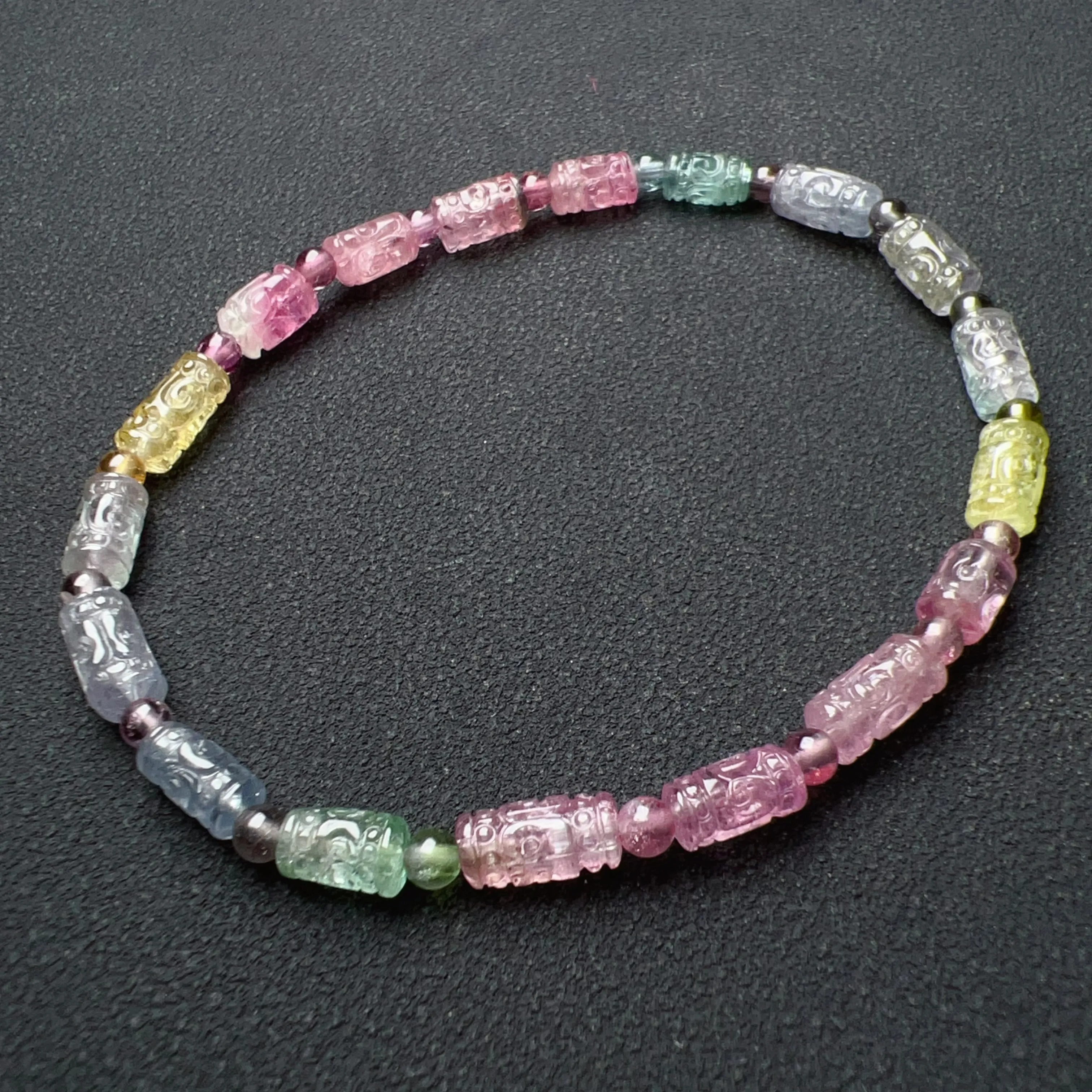 Hand-carved Huiwen Symbol High-grade Icecream Macaron Tourmaline Bracelet | Natural Heart Chakra Healing Crystal