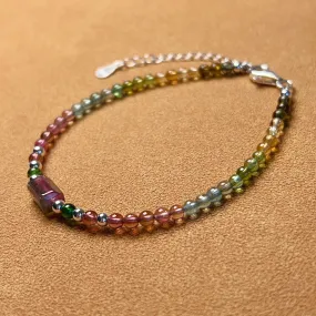 Handmade Rainbow Tourmaline Bracelet Watermelon Tourmaline | 925 Sterling Silver Silver Adjustable Style