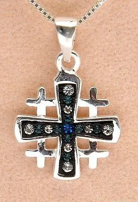 Jerusalem Cross Pendant Sterling Silver 925 With Dark Blue Gemstone.