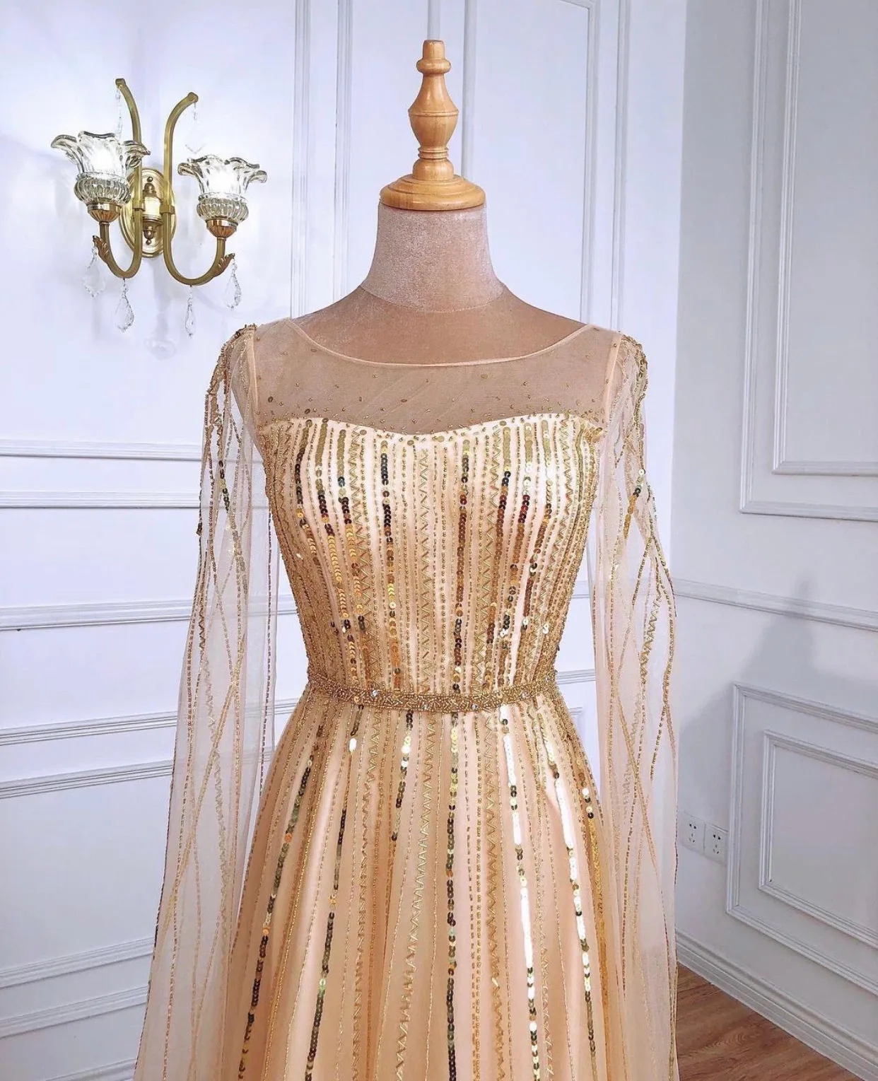 Mirabelle Luxury Gold Beading Cape Sleeves Evening Dress