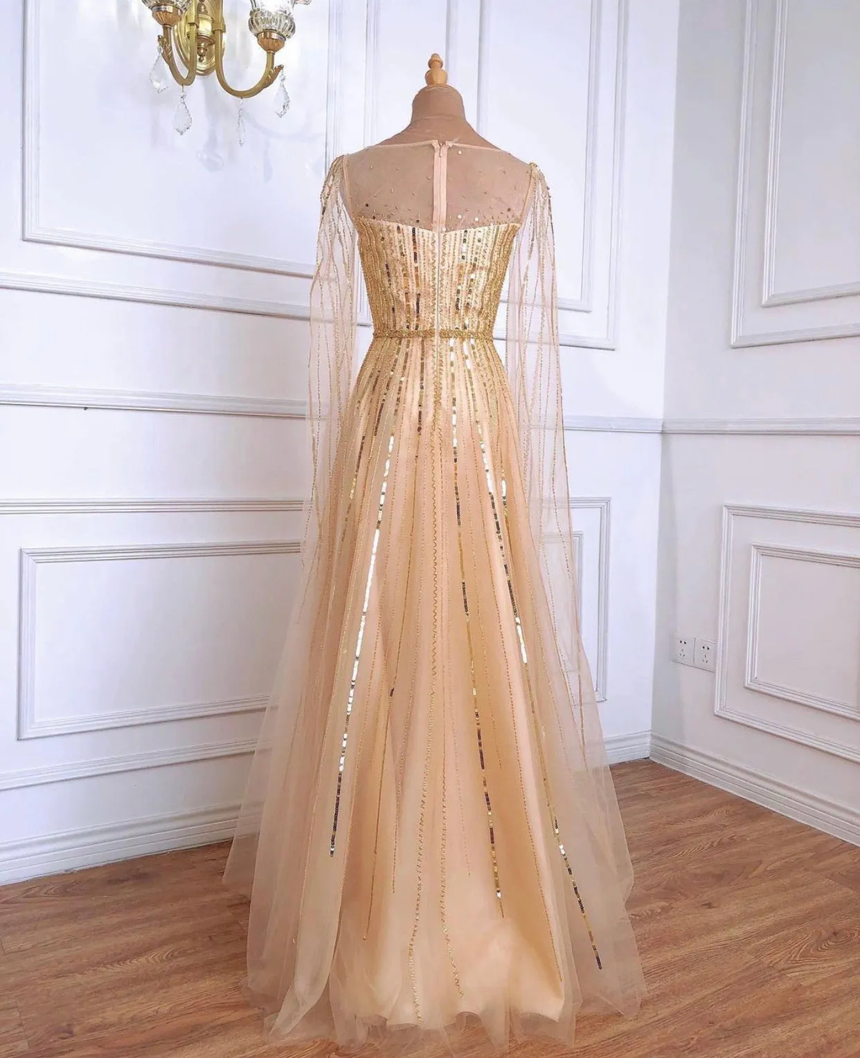 Mirabelle Luxury Gold Beading Cape Sleeves Evening Dress