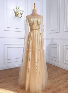 Mirabelle Luxury Gold Beading Cape Sleeves Evening Dress